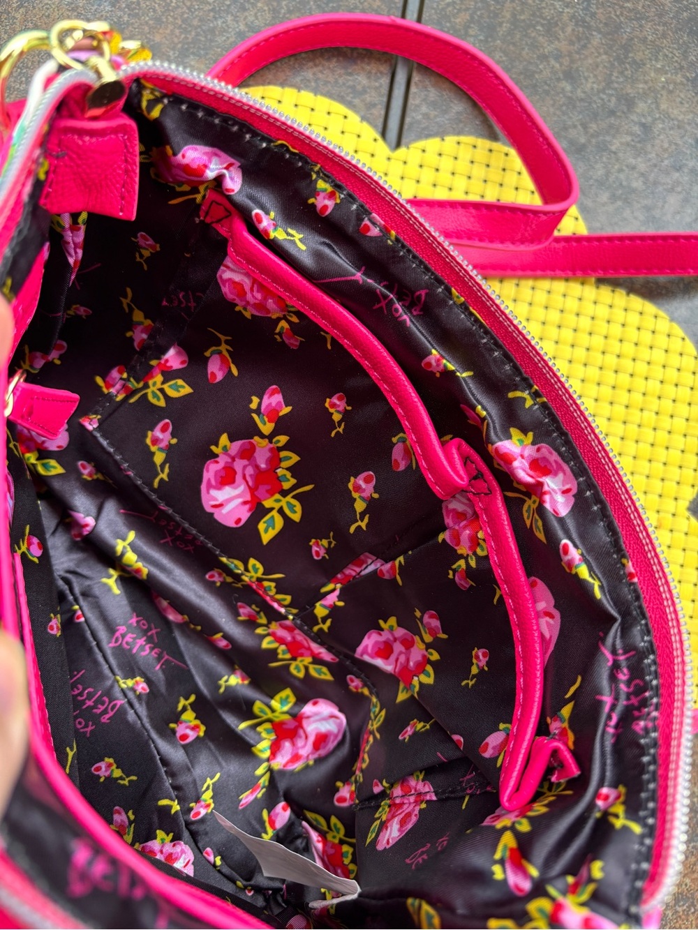 Betsey Johnson Hot Pink Floral Satchel with Gold Chain - Picture 6 of 12